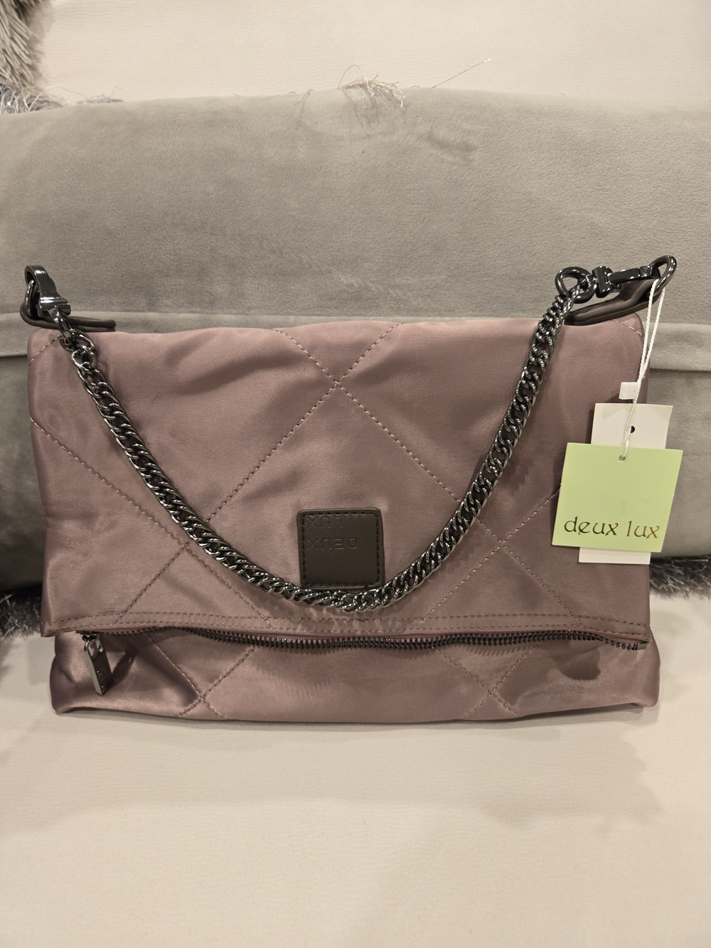 Brand New Deux Lux Dark Pink Quilted Satin Purse With Silver Chain